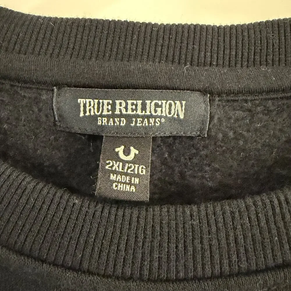 True Religion Black Chenille Logo Striped Hem Sweatshirt (Size 2XL - Runs Small)